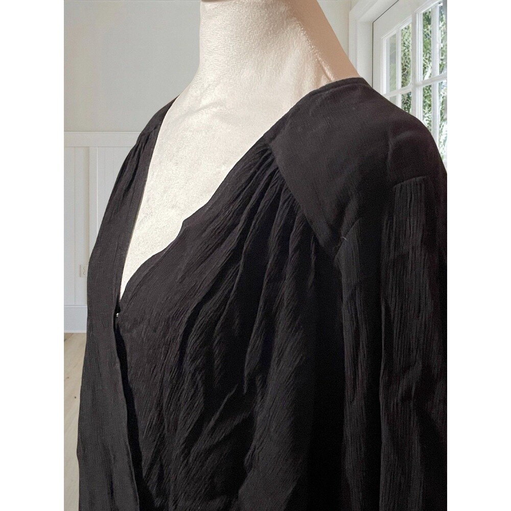FREE PEOPLE Women's Check On It Wrap Top Black Balloon Sleeve Draped Blouse Sz L - Picture 3 of 13